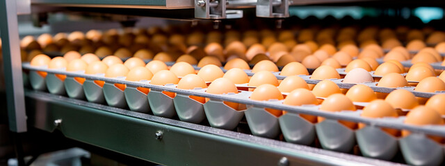 eggs, tape in the food industry, products ready for automatic packaging. Concept with automated food production. Generative AI,