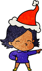 hand drawn textured cartoon of a woman pointing wearing santa hat