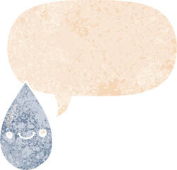 cartoon cute raindrop with speech bubble in grunge distressed retro textured style