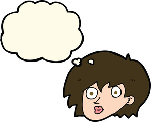 cartoon surprised female face with thought bubble