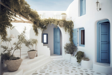 Mediterranean style white elegant house exterior with blue door and window. Modern greek architecture. Traditional villa of Santorini. 6K high definition. Generative AI, human enhanced