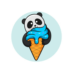 Cute kawaii panda hug an ice cream mascot