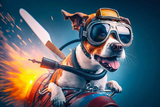 Illustration of dog pilot in fighter plane. dog pilot in aviator goggles. Generative AI