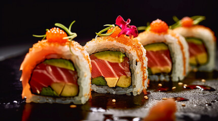 Food photography of Sushi pieces arranged on a dark background - ai generative