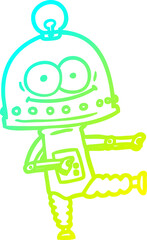 cold gradient line drawing of a happy carton robot with light bulb
