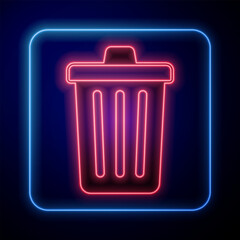 Glowing neon Trash can icon isolated on black background. Garbage bin sign. Recycle basket icon. Office trash icon. Vector