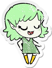 distressed sticker of a happy cartoon elf girl