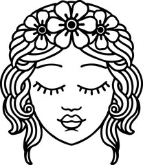tattoo in black line style of female face with eyes closed
