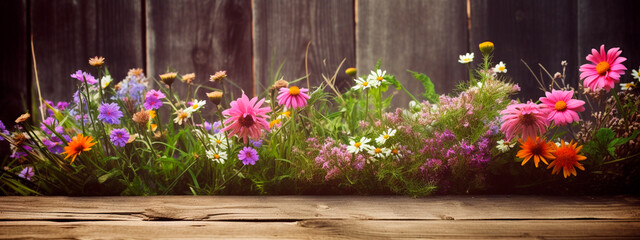 Fototapeta na wymiar Wildflowers and wooden table background. Generative AI,
