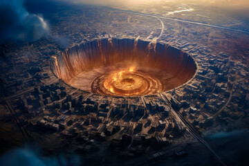 A large city built around a crater of a meteorite, aerial view, generative AI