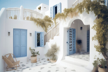 Mediterranean style white elegant house exterior with blue door and window. Modern greek architecture. Traditional villa of Santorini. 6K high definition. Generative AI, human enhanced