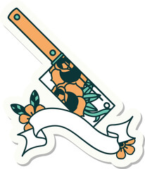 tattoo style sticker with banner of a cleaver and flowers