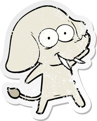 distressed sticker of a happy cartoon elephant