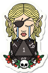sticker of a crying elf rogue character face with natural one D20 roll