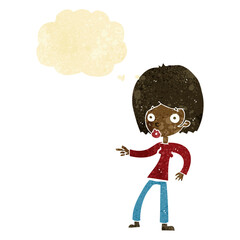 cartoon woman pointing with thought bubble