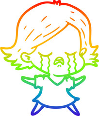 rainbow gradient line drawing of a cartoon girl crying
