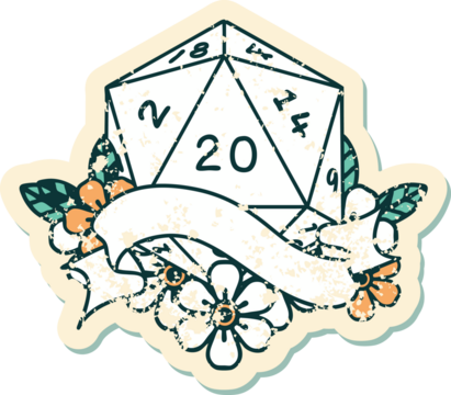 Retro Tattoo Style natural twenty D20 dice roll
