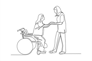 continuous line drawing of nurse helping patient to walk - obrazy, fototapety, plakaty