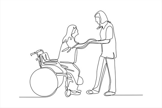 continuous line drawing of nurse helping patient to walk