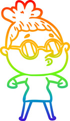 rainbow gradient line drawing of a cartoon woman wearing glasses