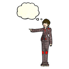 cartoon woman in leather jacket pointing with thought bubble