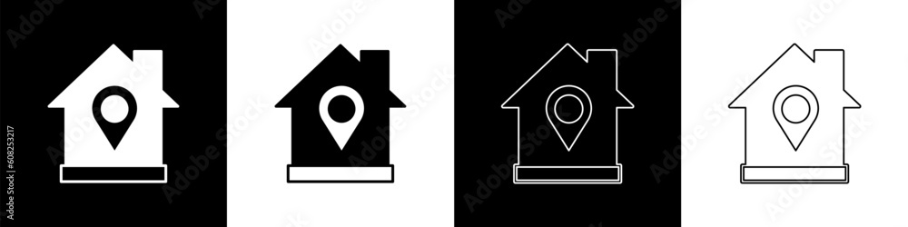 Aufkleber set map pointer with house icon isolated on black and white background. home location marker symbol.