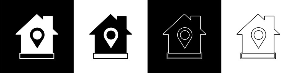 Set Map pointer with house icon isolated on black and white background. Home location marker symbol. Vector