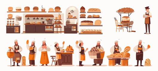 Set of bakery, flat cartoon isolated on white background. Vector illustration