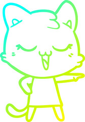 cold gradient line drawing of a happy cartoon cat