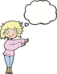 cartoon dancing woman with thought bubble