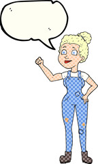 freehand drawn comic book speech bubble cartoon woman in dungarees