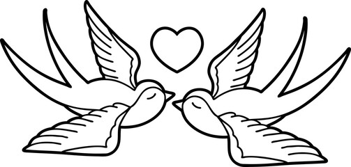 tattoo in black line style of swallows and a heart