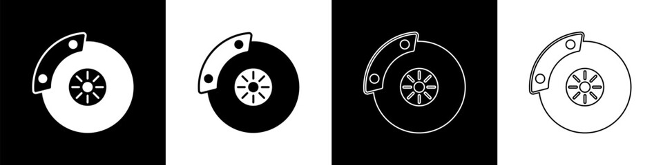 Set Car brake disk with caliper icon isolated on black and white background. Vector - obrazy, fototapety, plakaty