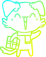 cold gradient line drawing of a happy little cartoon dog in winter clothes