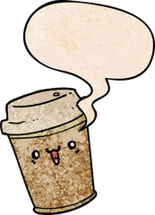 cartoon take out coffee with speech bubble in retro texture style