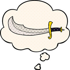 cartoon scimitar with thought bubble in comic book style