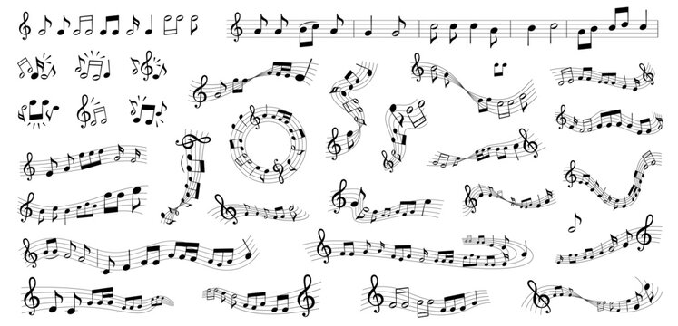 Musical notes melody on white background set. Musical notes collection. Treble clef, note.