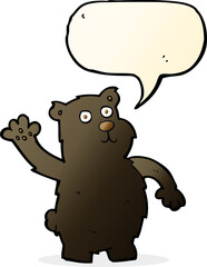 cartoon waving black bear with speech bubble