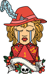 Retro Tattoo Style crying human druid character with natural one D20 roll