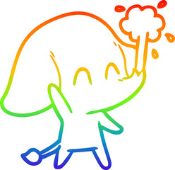 rainbow gradient line drawing of a cute cartoon elephant spouting water