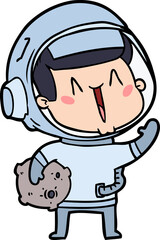 happy cartoon astronaut with moon rock