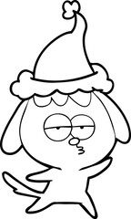 hand drawn line drawing of a bored dog wearing santa hat