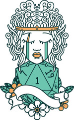 Retro Tattoo Style sad elf barbarian character face with natural one D20 roll