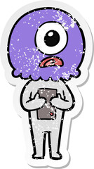 distressed sticker of a cartoon cyclops alien spaceman