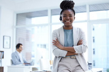 Call center, customer support and portrait of black woman with crossed arms, confidence and smile...