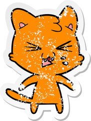 distressed sticker of a cartoon hissing cat