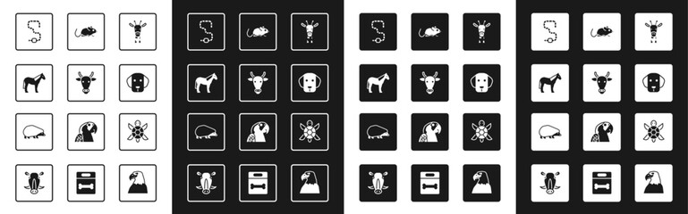 Set Giraffe head, Cow, Horse, Worm, Dog, Rat, Turtle and Hedgehog icon. Vector