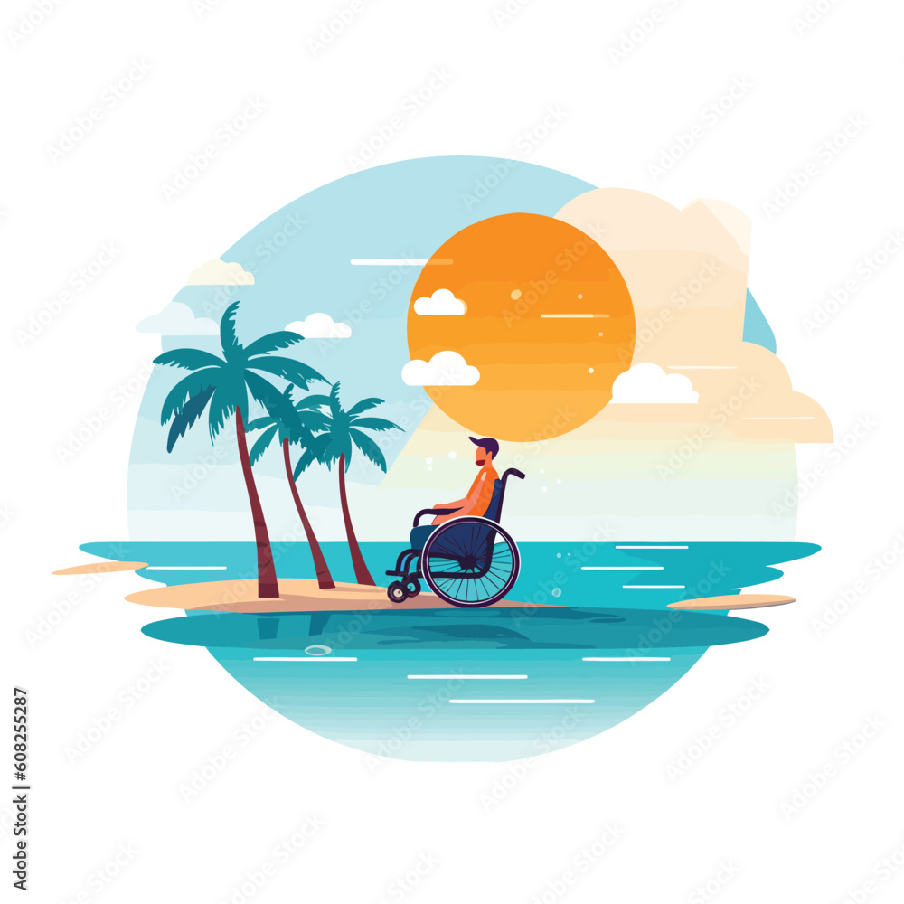 Wall mural Man in wheelchair on the beach vector isolated