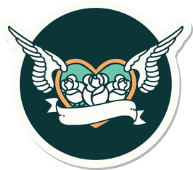 sticker of tattoo in traditional style of a flying heart with flowers and banner