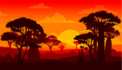 African savannah sunset landscape, scenery silhouette. Vector background features baobabs or acacia trees, and silhouetted meerkats wildlife against a fiery sky with hues of orange, red, and yellow - obrazy, fototapety, plakaty